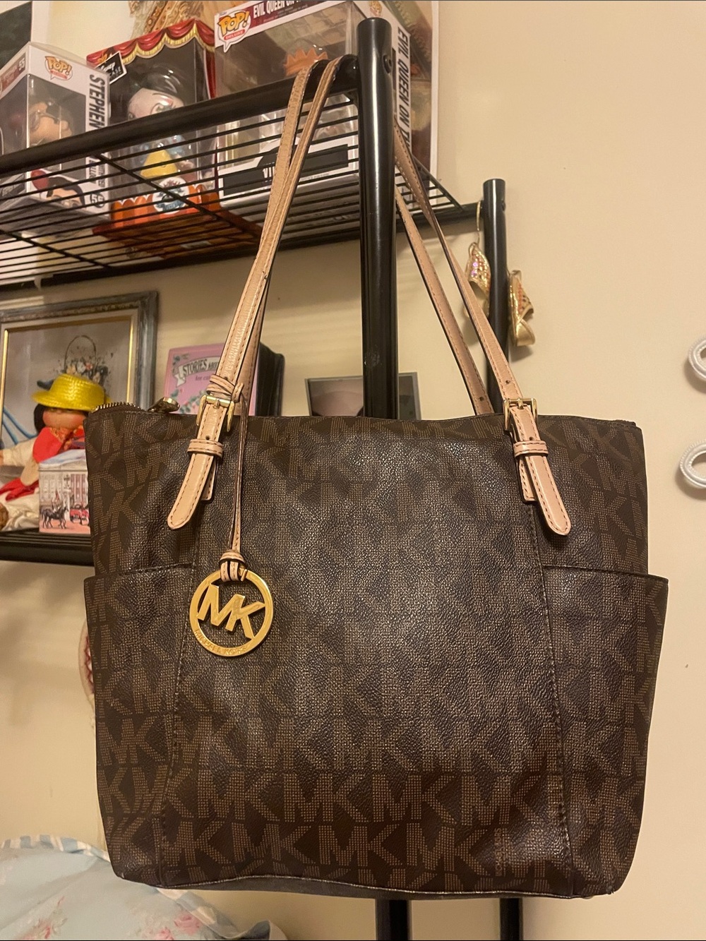 Michael by Michael Kors Brown MK Signature Tote with Tan Straps and Gold Charm